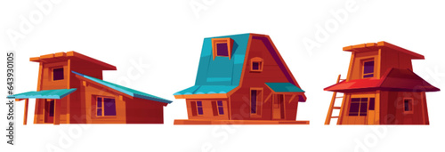 Wooden cabin house cartoon vector illustration set. Small forest shack made of log. Brown wood hut with windows and doors - summer village cottage or camping bungalow facade for rustic scene.
