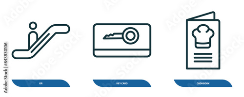 set of 3 linear icons from hotel and restaurant concept. outline icons such as or, key card, cookbook vector