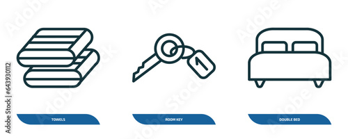 set of 3 linear icons from hotel and restaurant concept. outline icons such as towels, room key, double bed vector