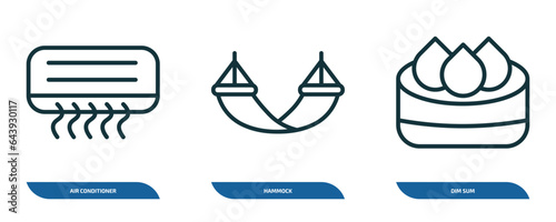 set of 3 linear icons from hotel and restaurant concept. outline icons such as air conditioner, hammock, dim sum vector