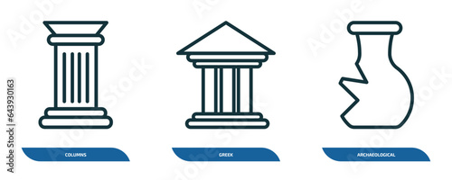 set of 3 linear icons from history concept. outline icons such as columns, greek, archaeological vector
