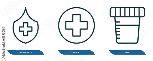 set of 3 linear icons from health and medical concept. outline icons such as medical shield, medical, urine vector