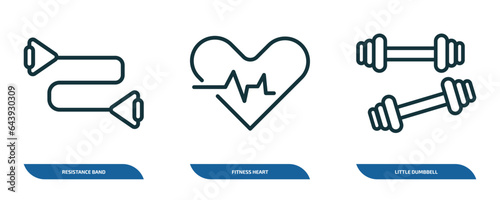set of 3 linear icons from gym and fitness concept. outline icons such as resistance band, fitness heart, little dumbbell vector
