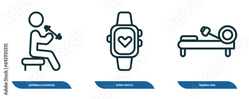 set of 3 linear icons from gym and fitness concept. outline icons such as dumbbells exercise, sport watch, rowing hine vector