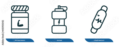 set of 3 linear icons from gym and fitness concept. outline icons such as phytonutrients, isotonic, fitness bracelet vector