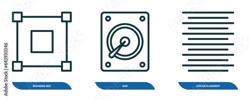 set of 3 linear icons from geometric figure concept. outline icons such as bounding box, disk, center alignment vector