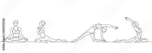 Continuous one line drawing group of women doing yoga exercise minimalist design