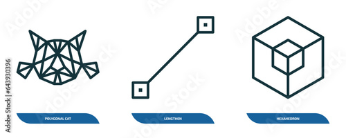 set of 3 linear icons from geometry concept. outline icons such as polygonal cat, lengthen, hexahedron vector