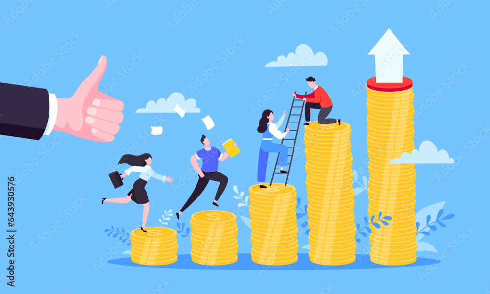 Business mentor helps improve career and money stacks growing. He holds stairs steps vector illustration. Mentorship, upskills, climb help self development strategy flat style design business concept. Business mentor helps improve career and money stacks growing. He holds stairs steps vector illustration. Mentorship, upskills, climb help self development strategy flat style design business concept.