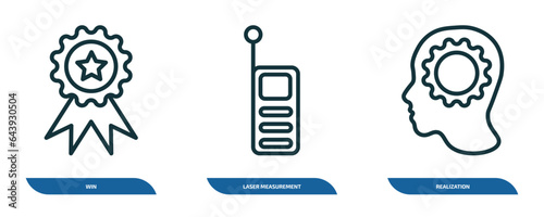set of 3 linear icons from general concept. outline icons such as win, laser measurement, realization vector