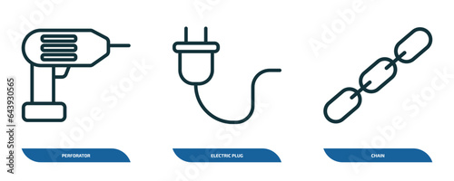 set of 3 linear icons from general concept. outline icons such as perforator, electric plug, chain vector