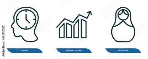 set of 3 linear icons from general concept. outline icons such as patience, marketing strategy, matryoshka vector