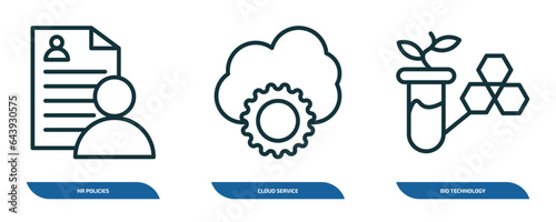 set of 3 linear icons from general concept. outline icons such as hr policies, cloud service, bio technology vector
