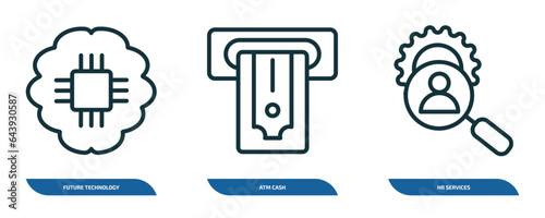 set of 3 linear icons from general concept. outline icons such as future technology, atm cash, hr services vector
