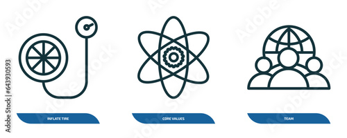 set of 3 linear icons from general concept. outline icons such as inflate tire, core values, team vector