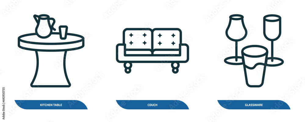 set of 3 linear icons from furniture & household concept. outline icons such as kitchen table, couch, glassware vector set of 3 linear icons from furniture & household concept. outline icons such as kitchen table, couch, glassware vector