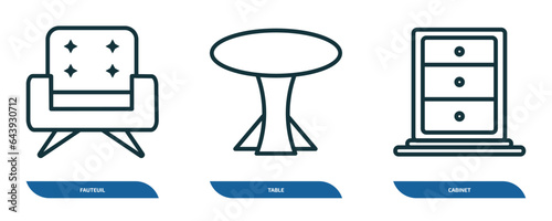 set of 3 linear icons from furniture & household concept. outline icons such as fauteuil, table, cabinet vector
