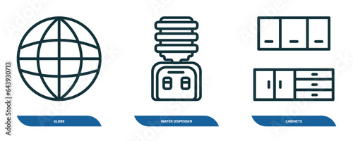 set of 3 linear icons from furniture & household concept. outline icons such as globe, water dispenser, cabinets vector