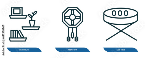 set of 3 linear icons from furniture & household concept. outline icons such as wall shelves, adornment, card table vector