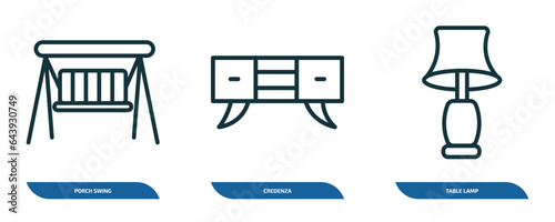 set of 3 linear icons from furniture & household concept. outline icons such as porch swing, credenza, table lamp vector