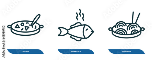 set of 3 linear icons from food concept. outline icons such as luosifen, cooked fish, chow mein vector