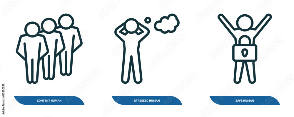 set of 3 linear icons from feelings concept. outline icons such as content human, stressed human, safe human vector set of 3 linear icons from feelings concept. outline icons such as content human, stressed human, safe human vector