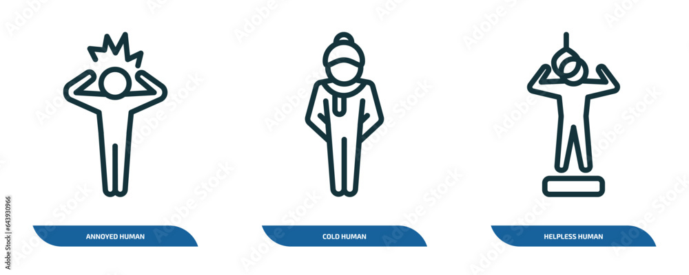 set of 3 linear icons from feelings concept. outline icons such as annoyed human, cold human, helpless human vector