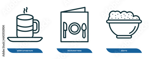 set of 3 linear icons from food concept. outline icons such as warm cup and plate, restaurant menu, risotto vector