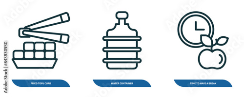 set of 3 linear icons from food concept. outline icons such as fried tofu curd balls, water container, time to have a break vector