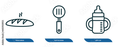 set of 3 linear icons from food concept. outline icons such as french bread, slotted spoon, sippy cup vector