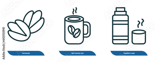 set of 3 linear icons from food concept. outline icons such as pistachio, hot coffee cup, thermo flask vector