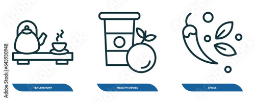 set of 3 linear icons from food concept. outline icons such as tea ceremony, healthy shakes, spices vector