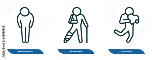 set of 3 linear icons from feelings concept. outline icons such as exhausted human, broken human, loved human vector