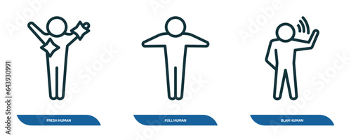 set of 3 linear icons from feelings concept. outline icons such as fresh human, full human, blah human vector