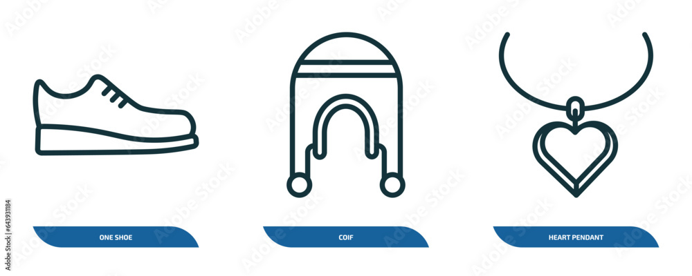 set of 3 linear icons from fashion concept. outline icons such as one shoe, coif, heart pendant vector set of 3 linear icons from fashion concept. outline icons such as one shoe, coif, heart pendant vector