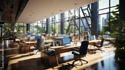 Modern open space office with no employees in luxury building. Large desks, office chairs, desktop computers. Stairs to the upper level. Glass walls with park view. Contemporary interior design.