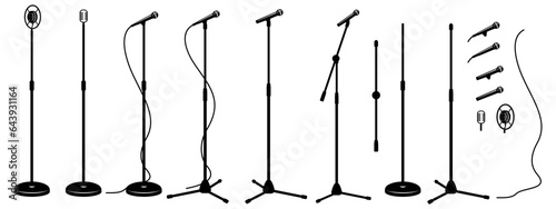 Microphones on counters and microphones and stands separately for design. Vector silhouette cliparts set. Retro and modern.