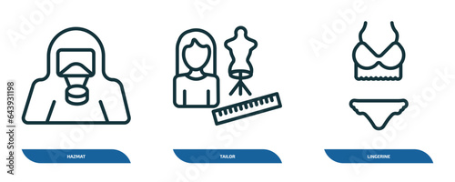 set of 3 linear icons from fashion concept. outline icons such as hazmat, tailor, lingerine vector photo