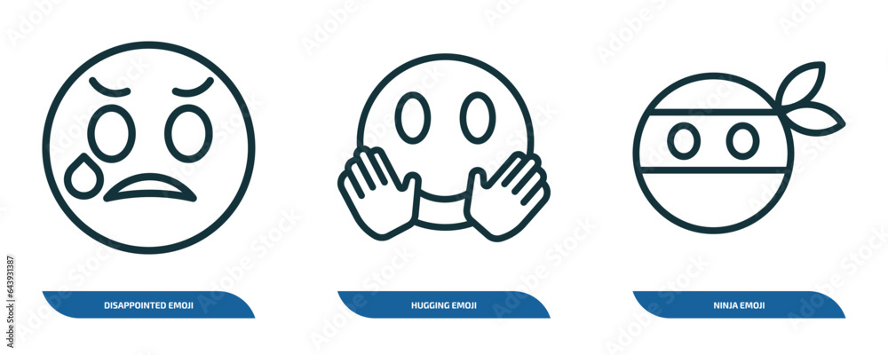 set of 3 linear icons from emoji concept. outline icons such as disappointed emoji, hugging emoji, ninja vector set of 3 linear icons from emoji concept. outline icons such as disappointed emoji, hugging emoji, ninja vector