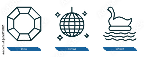 set of 3 linear icons from entertainment concept. outline icons such as crystal, nightclub, swan boat vector