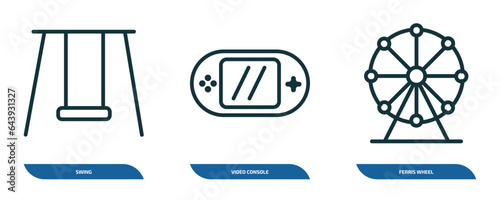 set of 3 linear icons from arcade concept. outline icons such as swing, video console, ferris wheel vector
