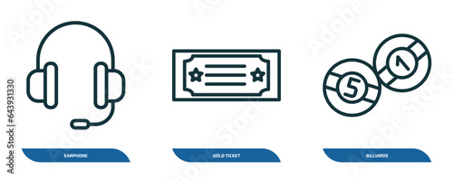 set of 3 linear icons from arcade concept. outline icons such as earphone, gold ticket, billiards vector