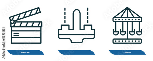 set of 3 linear icons from arcade concept. outline icons such as clapboard, , carousel vector