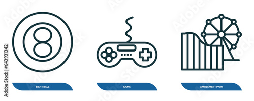 set of 3 linear icons from arcade concept. outline icons such as eight ball, game, amusement park vector