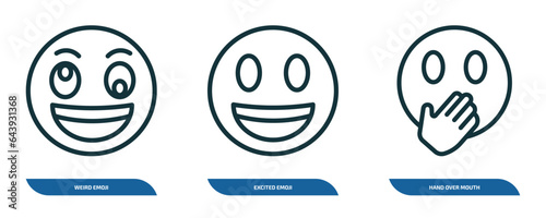 set of 3 linear icons from emoji concept. outline icons such as weird emoji, excited emoji, hand over mouth vector