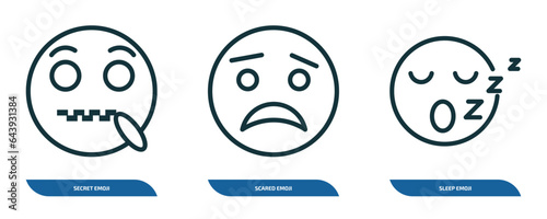set of 3 linear icons from emoji concept. outline icons such as secret emoji, scared emoji, sleep vector
