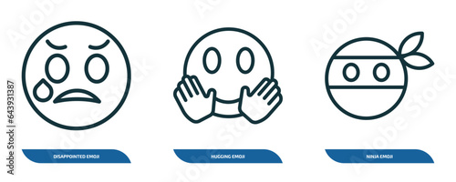 set of 3 linear icons from emoji concept. outline icons such as disappointed emoji, hugging emoji, ninja vector