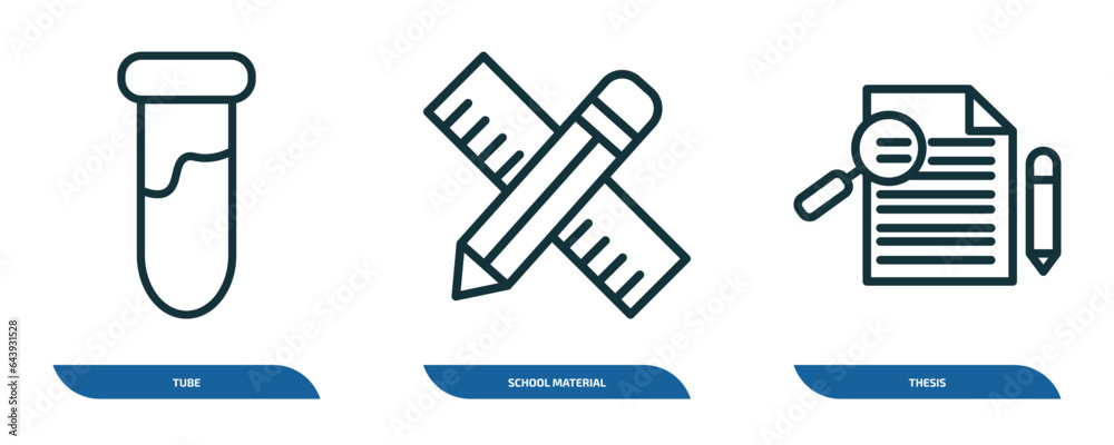 set of 3 linear icons from education concept. outline icons such as tube, school material, thesis vector set of 3 linear icons from education concept. outline icons such as tube, school material, thesis vector