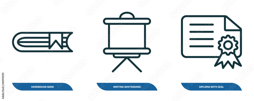 set of 3 linear icons from education concept. outline icons such as hardbound book, writing whiteboard, diploma with seal vector set of 3 linear icons from education concept. outline icons such as hardbound book, writing whiteboard, diploma with seal vector