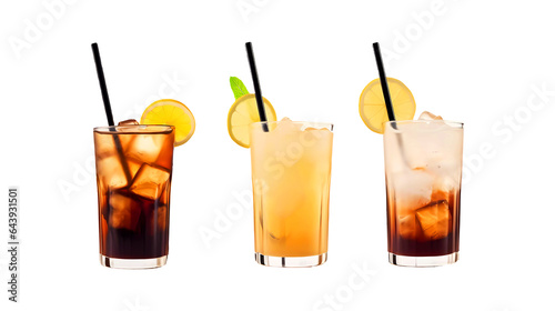 Lemonade and iced coffee glasses on transparent background. Generative ai design png concept.